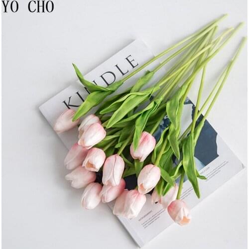 YO CHO 21PCS/LOT PU Tulip Artificial Flowers For Wedding Home Birthday Decorations Long About 34cm DIY Fake Flowers In Vase