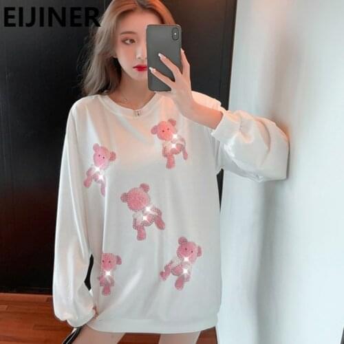 Hoodie Long Top Women y2k 2021 Spring Fashion Loose Plus Size Harajuku Korean White Hot Rhinestone Cartoon Bear Kawaii Cute Girl