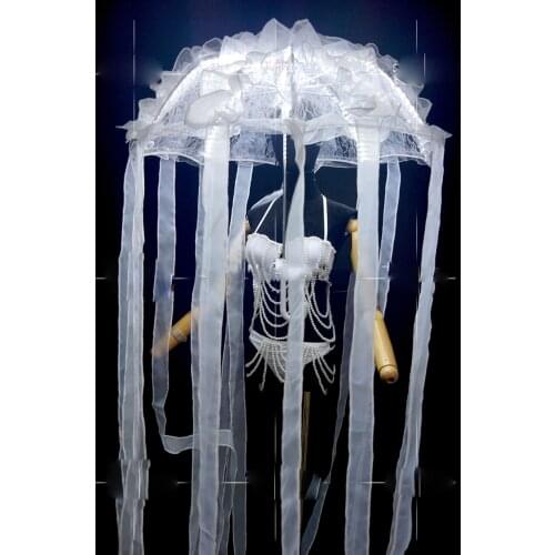 Women Summer Ocean Party LED Light Jellyfish Umbrella Pearl Bikini Costume