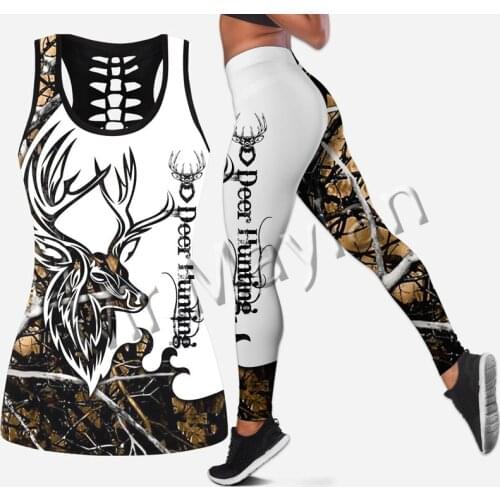Fashion Animal Deer Orange Hunting Women Hollow Tanktop & Legging 3D Print Girts Leisure Streetwear Female Sexy Vest Clothes S51