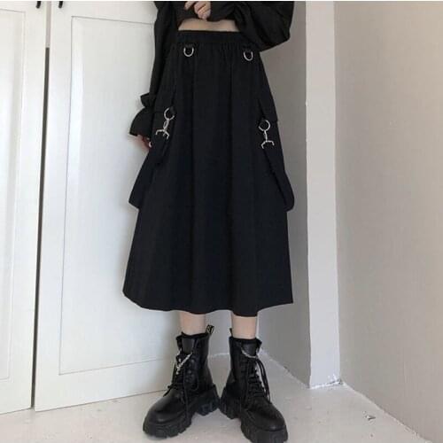 Womens Skirt Hong Kong Style Ins Retro Tooling Skirt High Waist Harajuku Style Dark Japanese Mid-length A-line Skirt Harajuku