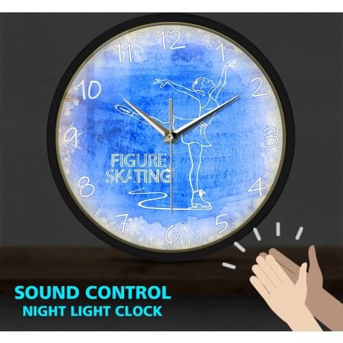 Lady Skating On Ice Figure Modern LED Wall Clock Sound Control Non Ticking Metal Frame Wall Watch Ice Skater Home Deco Sport Art