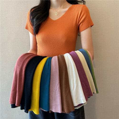 Womens Summer T-shirts V-Neck Elastics Casual Pink Black Striped Vest Womens Tops And Blouses Korean Clothing Free Shipping