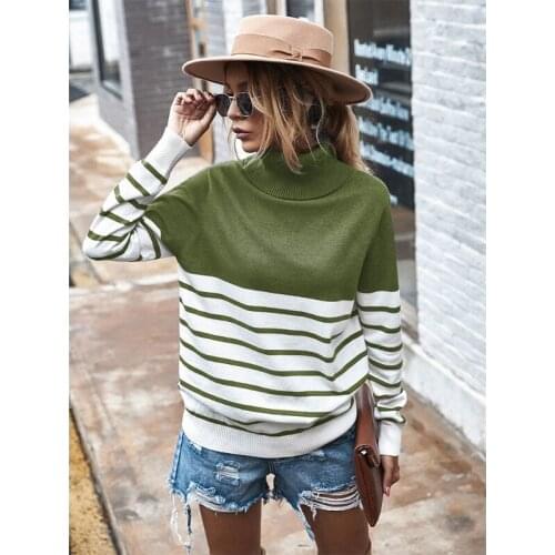 Women Autumn Winter Long Sleeve Knitted Sweater Turtleneck Color Block Stripes Pullover Tops Casual Loose Ribbed Trim Jumper Str