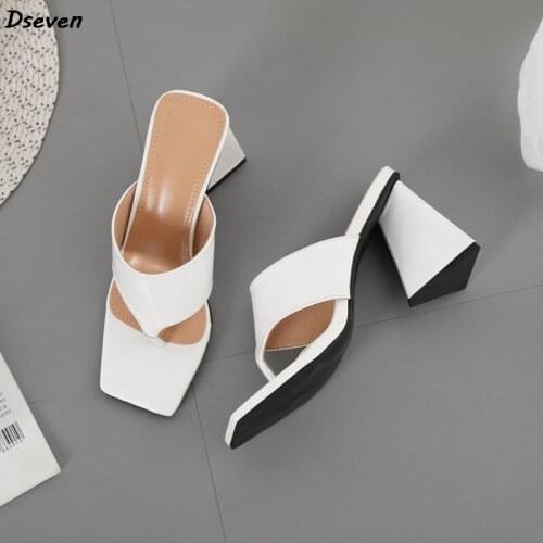Spring Summer New Square Toe Triangle Thick High-heeled Women Slippers European American Style Flip Flops White Large Size 42