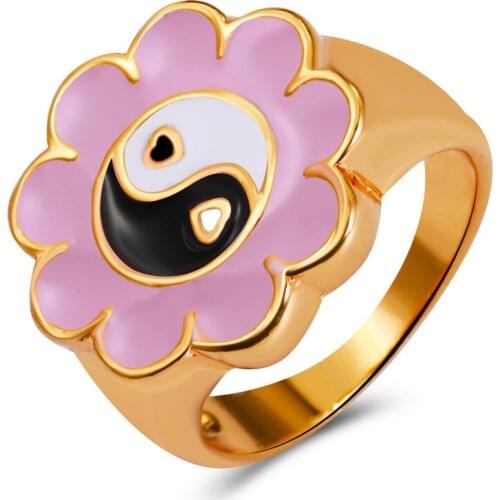2021 Trendy New Love Heart Yin Yang Rings For Women Gold Silver Color Enamel Flowers Smiley Face Rings Couple Jewelry Gift