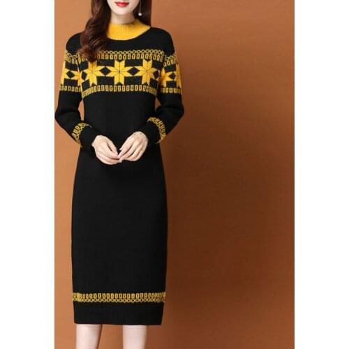 2020 Winter Womens Female Clothes Patchwork Long Sleeve Knit wool Sweater Dress , Korean plus size party omighty Dresses