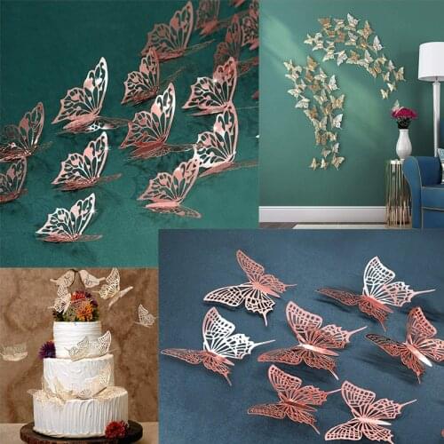 12Pcs Rose Gold 3D Hollow Butterfly Wall Sticker for Home Butterflies Sticker Girls Room DIY Decoration Party Wedding Cake Decor