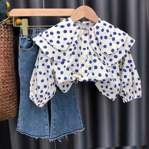 2021 spring nes kids toddler Girls clothes fashion double neck polka dot shirt+jeans 2pcs baby girl clothes set