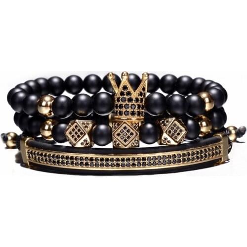 3pcs/Set Hip Hop Elastic Rope CZ Crown Bracelet Striped Black Natural Stone Beads Women Men Luxury Jewelry Pulseira Bileklik