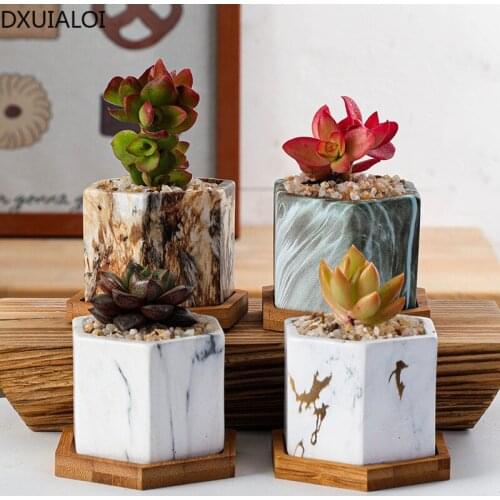 4pcs/set Nordic ceramic succulent flower pot creative gardening water transfer marble pattern flower pot home decor DXUIALOI