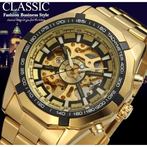 Forsining Automatic Skeleton Watches Stainless Steel Bracelet Mechanical Wristwatches with Gift Box