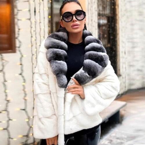 BFFUR 2021 Womens Real Fur Coat Winter Fashion Full Pelt Mink Fur Coat Regular Length Big Rabbit Fur Collar Mink Fur Overcoats