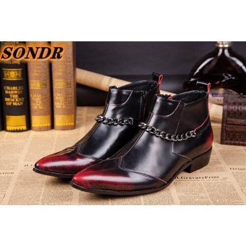 New Men Pointed Toe Shoes Genuine Leather Chelsea Boots Brogue Casual Ankle Boots Fashion Chain Dress Boots Botines Hombre