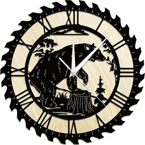 Black Bear Decorative Round Wall Clock Wildlife Forest Scenery Cog-wheel Encircled Animal Wall Watch Unique Hanging Room Decor