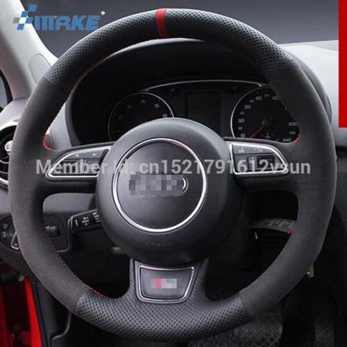 For Audi A1 A5 High Quality Hand-stitched Anti-Slip Black Leather Black Suede Red Thread DIY Steering Wheel Cover