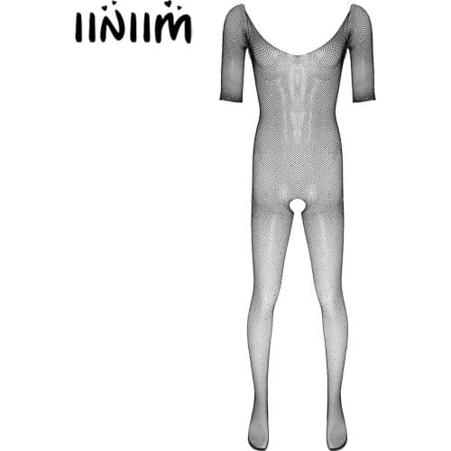 Black Men Hollow Out Fishnet Catsuit Body Stocking Nightwear Stretchy See-through Bodysuit Sissy Lingerie for Male Sleepwear
