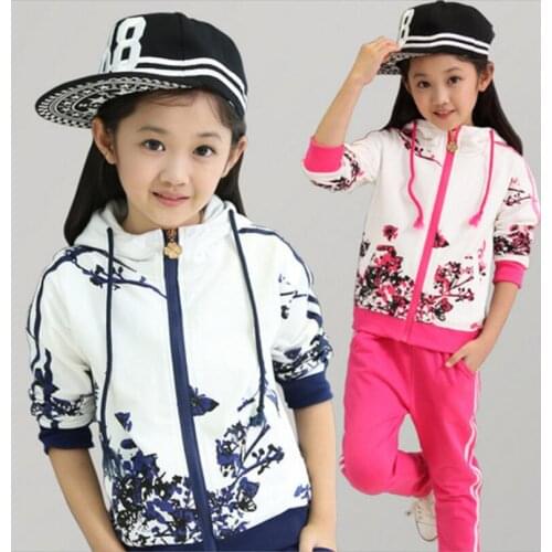 Childrens clothing long-sleeved sportswear girl suit 2019 Spring and Autumn printing zipper hooded clothes + pants baby clothes