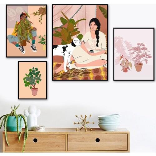 Girl Monstera Leaf Dog Abstract Plant Wall Art Canvas Painting Nordic Posters And Prints Wall Pictures For Living Room Decor
