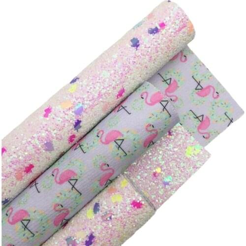 Double Sides Unicorn Chunky Glitter Vinyl Fabric Sheet Felt Backing with Printed Flamingo Synthetic Leather Faux Vinil DIY 6S64