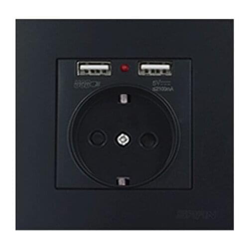 EU Standard Wall Electrical Power Socket with Dual USB Ports Tempered Glass Panel Outlet Socket 16A