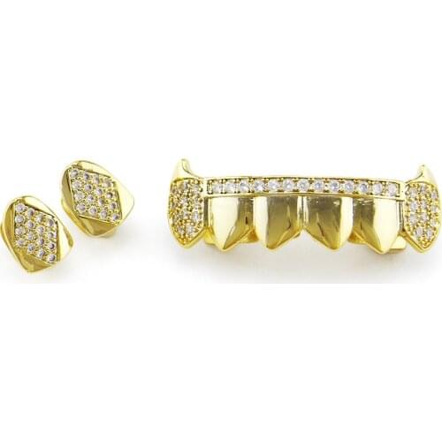 Hip Hop Iced Out Zircon Gold Teeth Grillz Top Bottom Tooth Caps Grills Set Vampire Fang For Men Women Mouth Tooth Jewelry