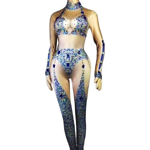 Sparkly Blue Diamonds Women Long Sleeve Jumpsuits Nightclub Pole Dancing Costumes Evening Prom Singer Performance Stage Wear