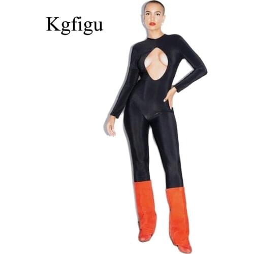 KGFIGU 2021 New Arrival Long Sleeve Fitness Rompers Stretchy Backless Front Hole Women Sexy Drawstring Legging Jumpsuits