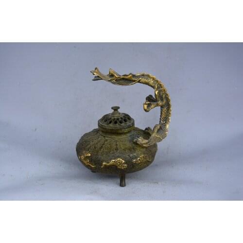 Collectable Old Ming Dynasty Gilt bronze censer ,carving Dragon,best Adornment ,with mark,free shipping