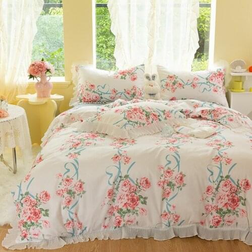 Luxury White Lace Edge Princess Flowers Printing Bedding Set Queen King Size Quilt Duvet Cover And Pillowcases Double Bed Set
