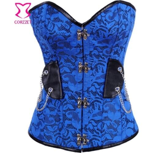 Corzzet Steampunk Womens Blue Brocade Overbust Buckle and Lace Up Closure Gothic Corsets & Bustiers Korsset For Party Club Show
