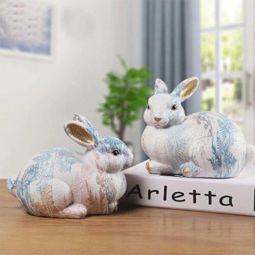Creativity Simulation Rabbit Resin Ornaments Leaf Pattern Painted Animal Sculpture Crafts Home Decorations Accessories