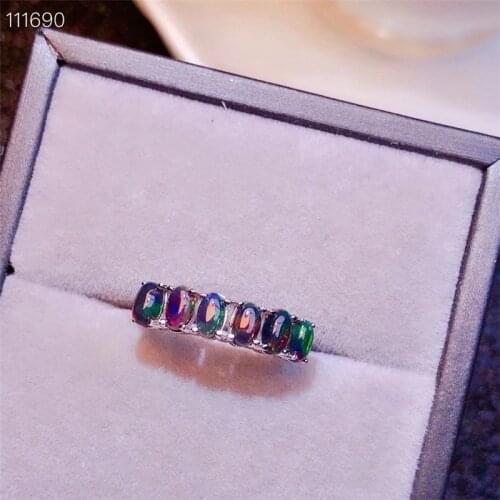 Natural Real Black Opal Round Ring Free Shipping 5*3mm Gemstone 925 Sterling Silver Fine Jewelry