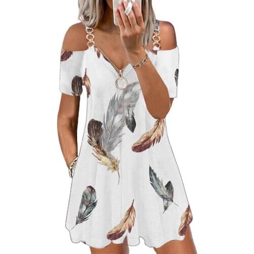 Summer Women Mini Dress Feather Print Zipper Dress Women V Neck Off Shoulder Dress Wedding Party Vestidos