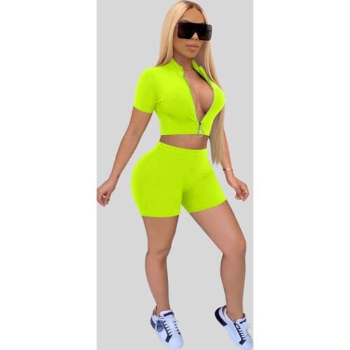 Summer two piece set women short sleeve 2 Pieces zipper sporty top+shorts matching sets workout stretchy outfits tracksuits