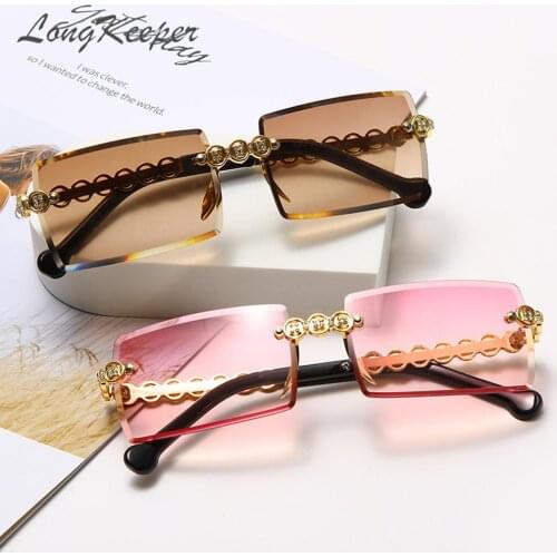 LongKeeper Vintage Rimless Diamond Sunglasses Women 2021 Rectangle Steampunk Sun Glasses Crystal Rhinestone Eyewear UV400 Oculos
