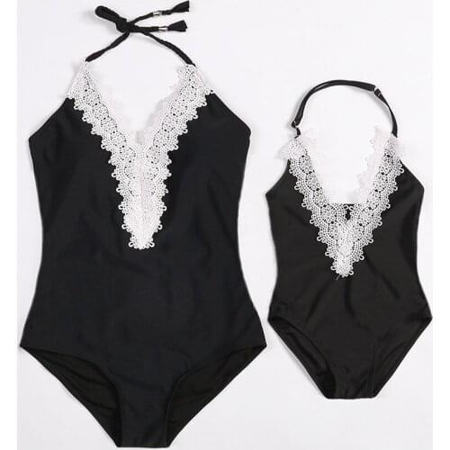 New fashion European and American one-piece Mommy and me swimsuit Family matching batching suit beach Clothing with lace QZ19024