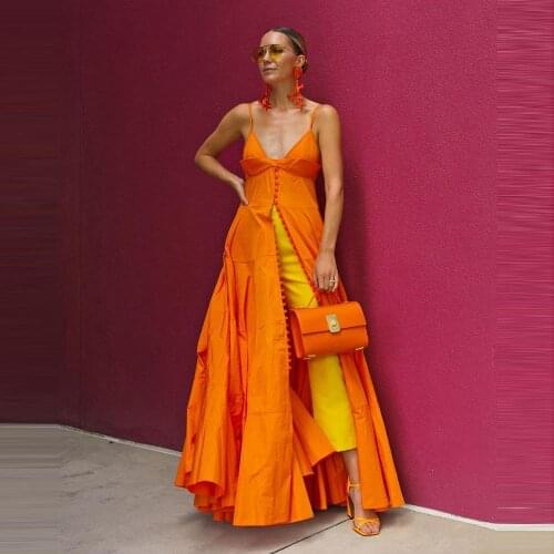 New Fashion Orange Spaghetti Straps Overlay Dresses Deep V Neck Sexy MaXI Taffeta Custom Made Women Plus Size Dress