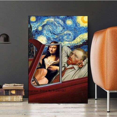 Fun Mona Lisa and Van Gogh Posters and Prints Abstract Smoking Oil Canvas Painting Wall Art Pictures Home Decoration