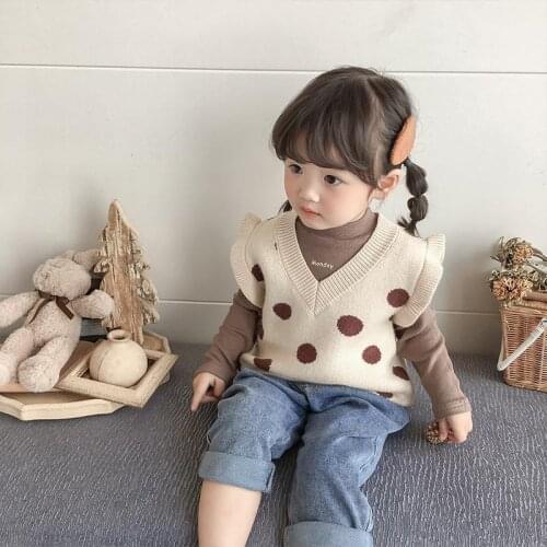 Girls' spring and autumn clothes sweater vest new childrens clothes V-neck wave point knitted sweater top kid coat