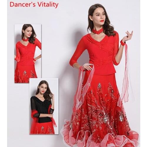 Adult Modern Dance Wear Elastic Ice Silk V Neck Long Sleeve Top Ballroom National Standard Waltz Jazz Dancing Practice Clothes
