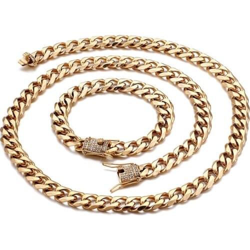 Hot hip hop style jewelry gold micro inlay Cz zircon mens necklaces and bracelets 11mm Cuban chain
