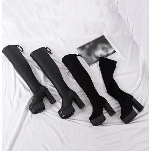 Women Over The Knee Leather Boots Female High Square Heels Round Toe Lace Up Solid Footwear 2021 New Design Elegant Punk Shoes