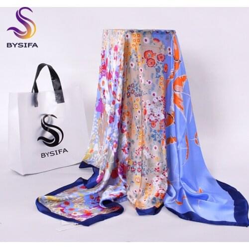 [BYSIFA] Ladies Plaid Square Scarves Headscarves New Beige White And Black Blue Winter Letters Silk Scarf Imitation 110*110cm