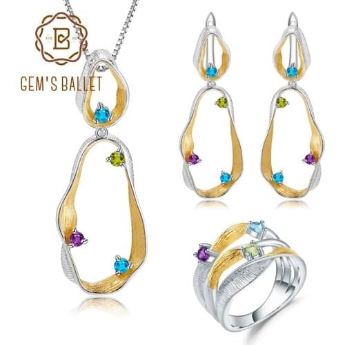 GEMS BALLET Natural Topaz Amethyst Peridot Handmade Twist Jewelry Set 925 Sterling Silver Ring Earrings Pendant Sets For Women