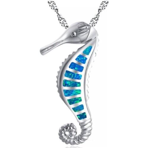 Trendy Silver Color Blue Opals Choker Necklace Women Seahorse Animal Chain Pendant Necklaces Jewelry Charms Bijoux
