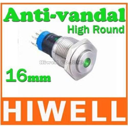16MM momentary dot illuminated anti-vandal pushbutton switch high round 1NO1NC