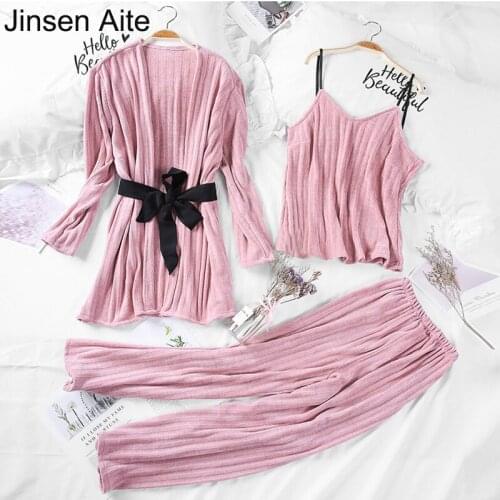 Jinsen Aite 3PCS Suit Pajamas Women New 2019 Spring Autumn Gold Velvet V-Neck Sexy Loose Long Sleeve Pants Set Nightgown JS762