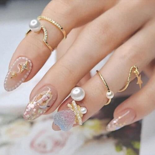 3D Nail Art Rhinestone Decoration Luxury Pearl Nail Ring Chain Bow Design Nails Zircon Jewelry DIY Manicure Art Accessories 2Pcs