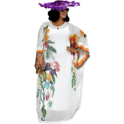 African Dresses For Women New Style Classic Chiffon Big Sleeve Dress Maxi Long Floral With Elastic Long Inner Africa Clothing
